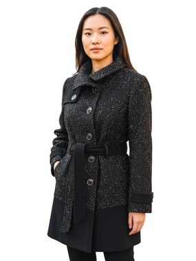 Black Rivet Black/White Tweed Wool Blend Double Breast Belted Coat (S)